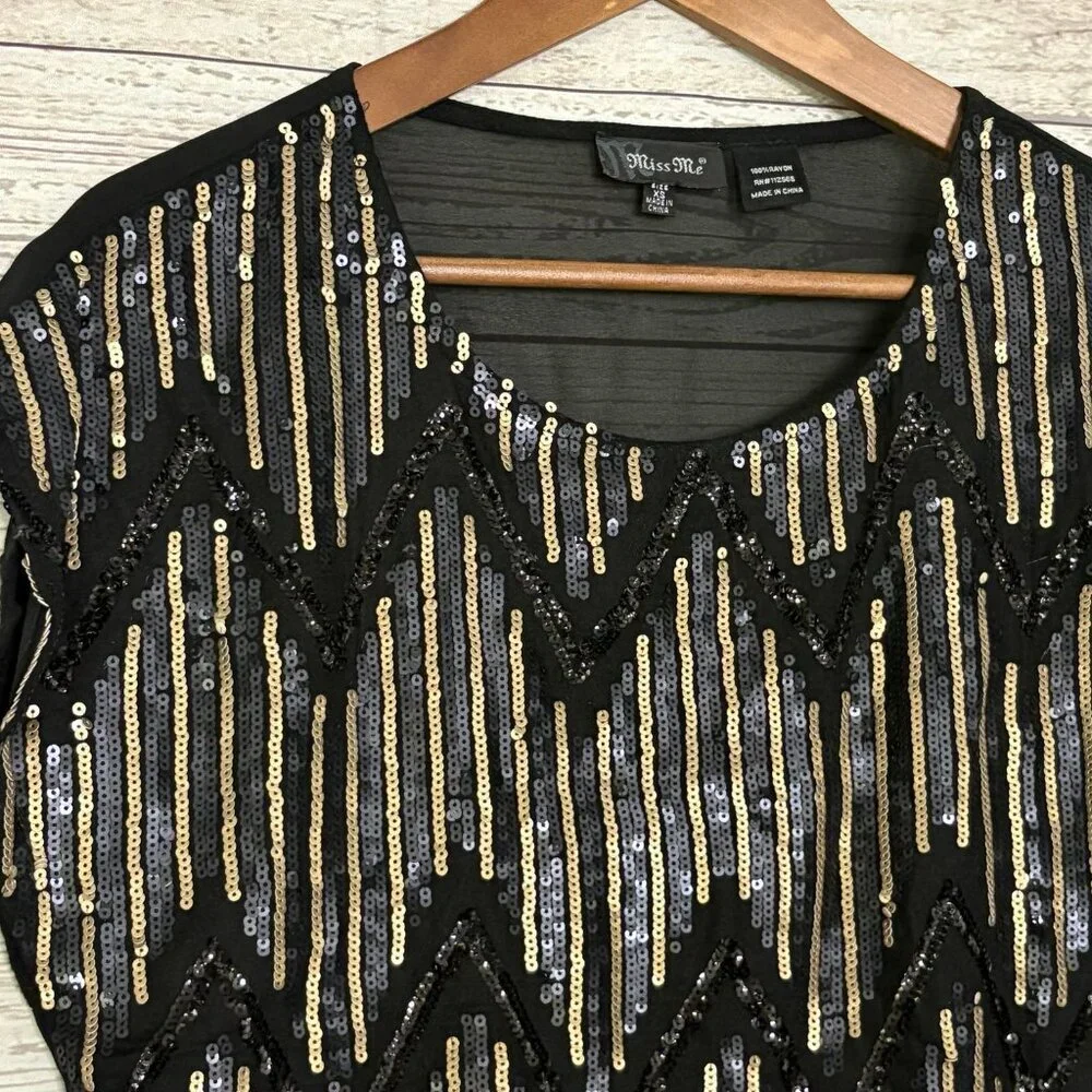 Miss Me Cocktail Hour Top‎ Blk Gld Blue Sequins XS